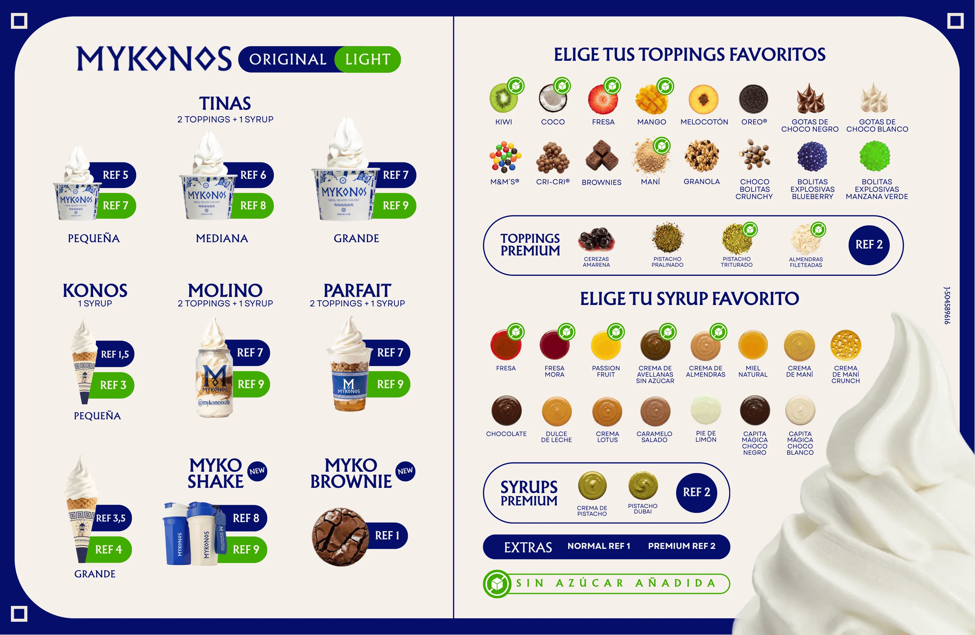 Menú - Mykonos Greek: Productos, toppings, syrups y precios